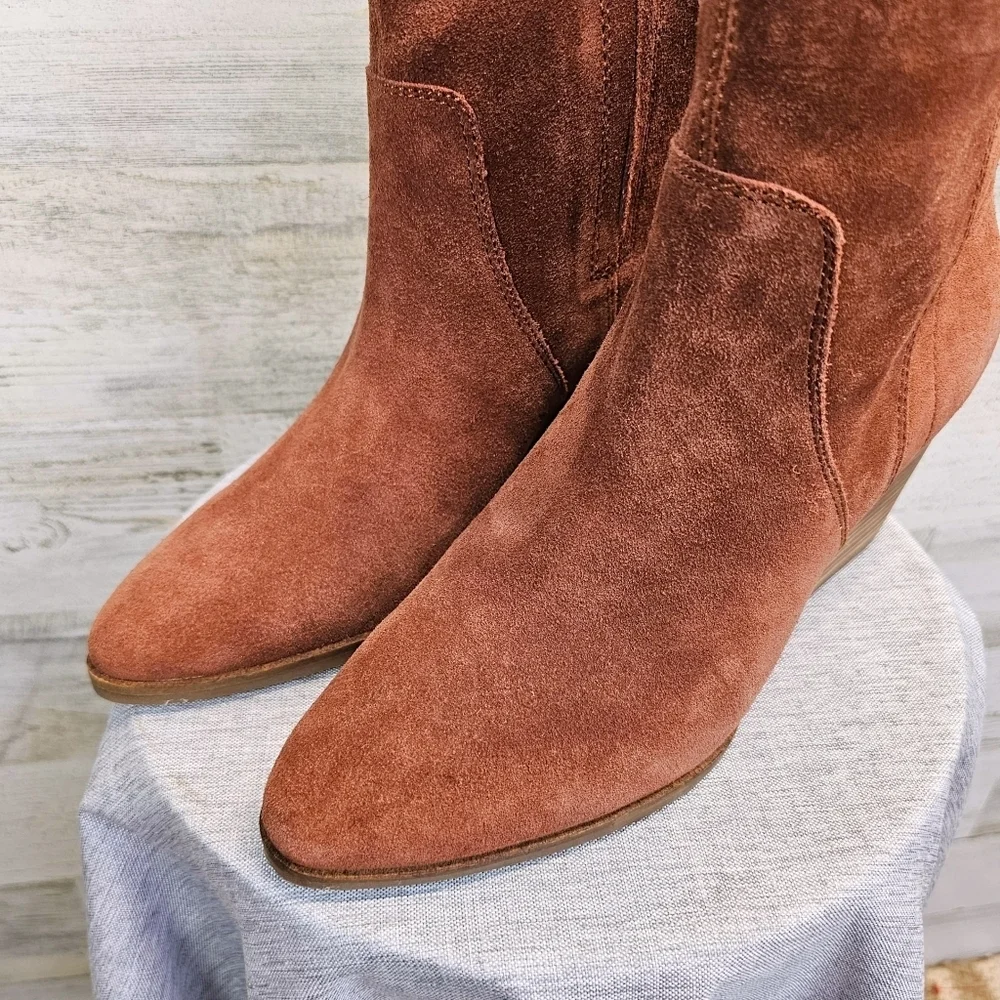 Lucky Brand Wafael Suede Wedge Ankle Boots 8.5 Brown Boho Western Chic Booties